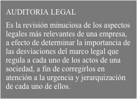 AUDITORIA LEGAL

Es la revisión minuciosa de los aspectos legales más relevantes de una empresa, a efecto de determinar la importancia de las desviaciones del marco legal que regula a cada uno de los actos de una sociedad, a fin de corregirlos en atención a la urgencia y jerarquización de cada uno de ellos.