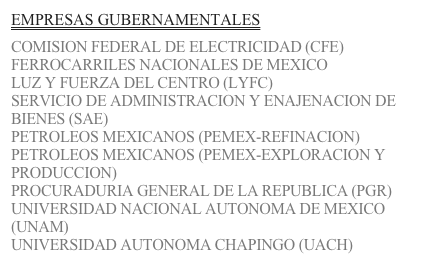EMPRESAS GUBERNAMENTALES

COMISION FEDERAL DE ELECTRICIDAD (CFE)
FERROCARRILES NACIONALES DE MEXICO
LUZ Y FUERZA DEL CENTRO (LYFC)
SERVICIO DE ADMINISTRACION Y ENAJENACION DE BIENES (SAE)
PETROLEOS MEXICANOS (PEMEX-REFINACION)
PETROLEOS MEXICANOS (PEMEX-EXPLORACION Y PRODUCCION)
PROCURADURIA GENERAL DE LA REPUBLICA (PGR)
UNIVERSIDAD NACIONAL AUTONOMA DE MEXICO (UNAM)
UNIVERSIDAD AUTONOMA CHAPINGO (UACH)